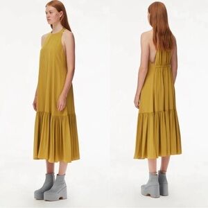 Tibi Womens Dress 0 Green Sleeveless Halter Tiered Ruffle Swing Silk Midi